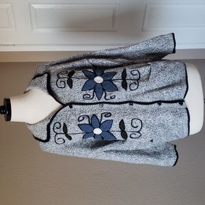 Grey Cardigan Embroidered Flower prints Front pockets, Front 5 buttons